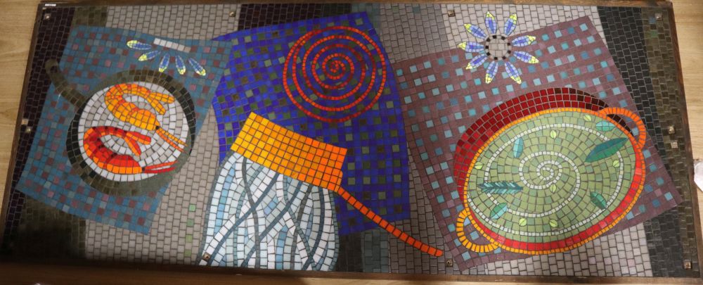 Three contemporary mosaic panels depicting fruit and other items on servery tables, largest overall 84 x 104cm, 85 x 204cm